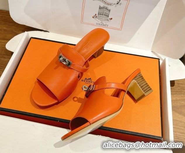 Luxurious Hermes Kelly Strap Low Heel Slides Sandal in Calfskin Leather HS122201 Orange2 2026