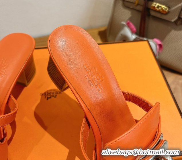 Luxurious Hermes Kelly Strap Low Heel Slides Sandal in Calfskin Leather HS122201 Orange2 2026