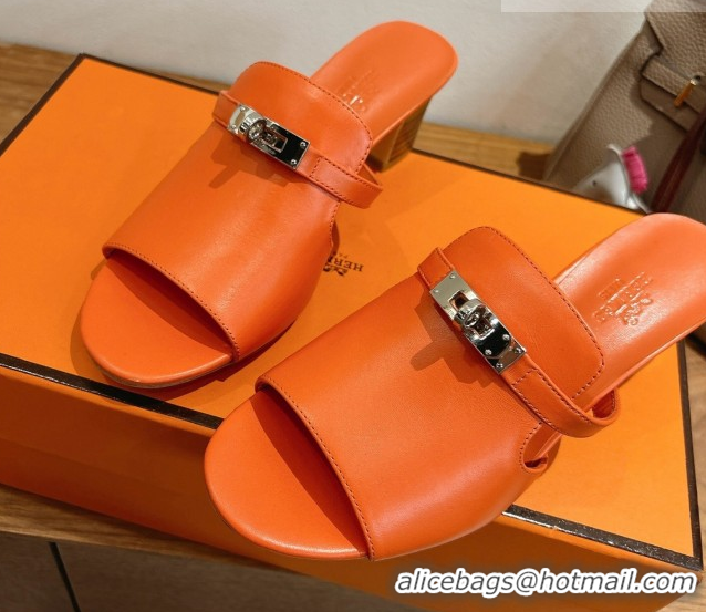 Luxurious Hermes Kelly Strap Low Heel Slides Sandal in Calfskin Leather HS122201 Orange2 2026