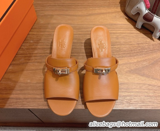 Shop Duplicate Hermes Kelly Strap Low Heel Slides Sandal in Calfskin Leather HS122201 Brown2 2026