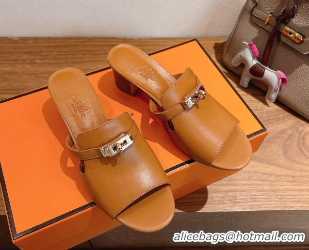 Shop Duplicate Hermes Kelly Strap Low Heel Slides Sandal in Calfskin Leather HS122201 Brown2 2026