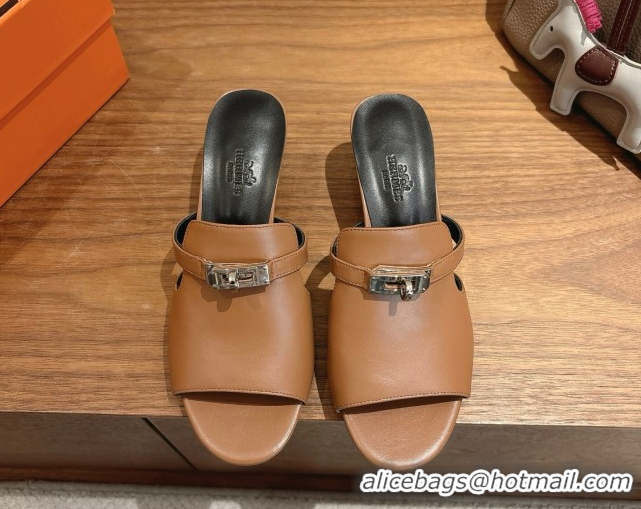 Pretty Style Hermes Kelly Strap Low Heel Slides Sandal in Calfskin Leather HS122201 Brown/Black 2026