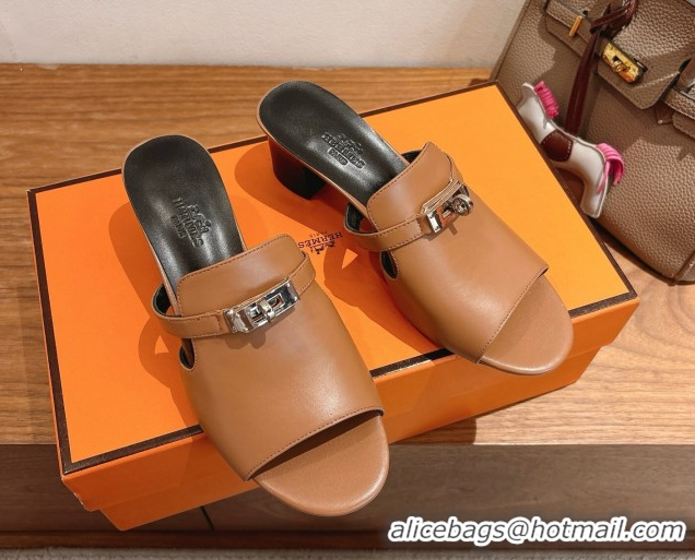 Pretty Style Hermes Kelly Strap Low Heel Slides Sandal in Calfskin Leather HS122201 Brown/Black 2026