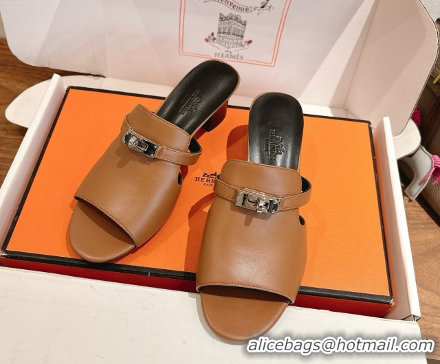 Pretty Style Hermes Kelly Strap Low Heel Slides Sandal in Calfskin Leather HS122201 Brown/Black 2026