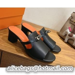 Buy Luxury Hermes Kelly Strap Low Heel Slides Sandal in Calfskin Leather HS122201 Black/Orange 2026
