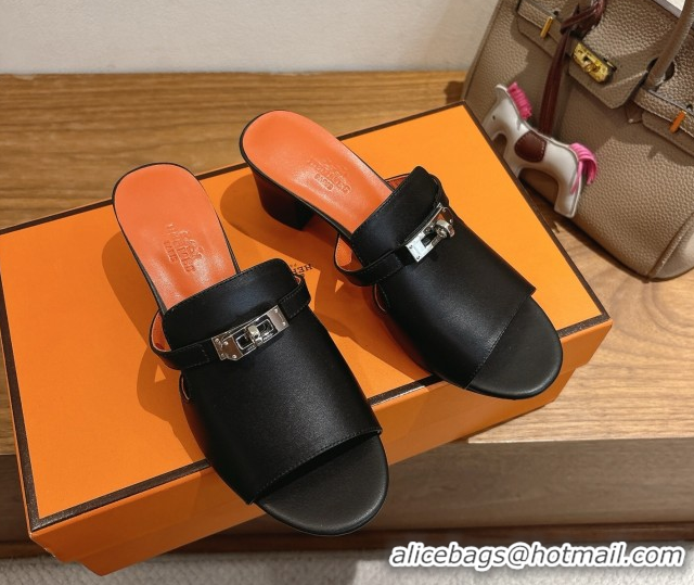 Buy Luxury Hermes Kelly Strap Low Heel Slides Sandal in Calfskin Leather HS122201 Black/Orange 2026