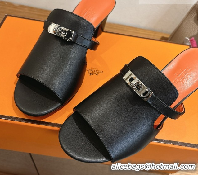 Buy Luxury Hermes Kelly Strap Low Heel Slides Sandal in Calfskin Leather HS122201 Black/Orange 2026