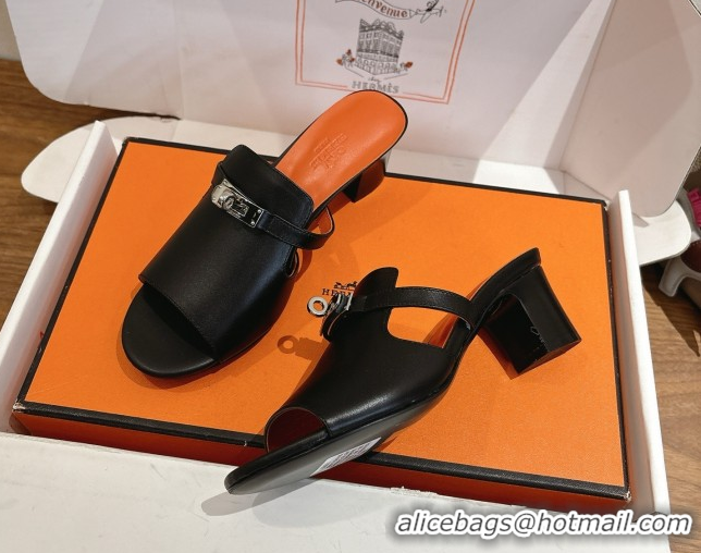 Buy Luxury Hermes Kelly Strap Low Heel Slides Sandal in Calfskin Leather HS122201 Black/Orange 2026