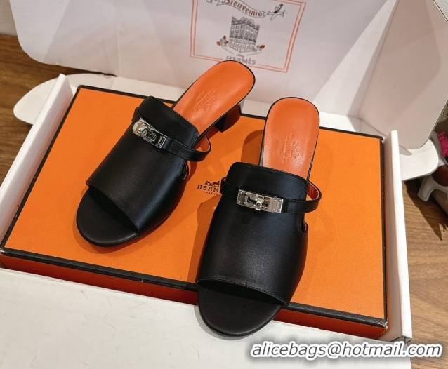 Buy Luxury Hermes Kelly Strap Low Heel Slides Sandal in Calfskin Leather HS122201 Black/Orange 2026