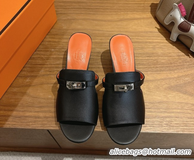 Buy Luxury Hermes Kelly Strap Low Heel Slides Sandal in Calfskin Leather HS122201 Black/Orange 2026
