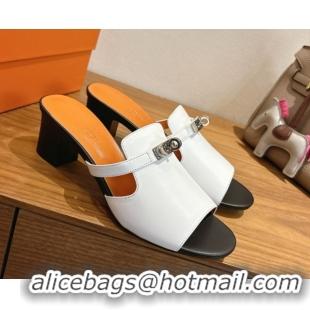 Durable Hermes Kelly Strap Low Heel Slides Sandal in Calfskin Leather HS122201 White/Orange 2026