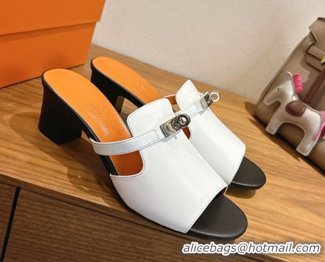 Durable Hermes Kelly Strap Low Heel Slides Sandal in Calfskin Leather HS122201 White/Orange 2026
