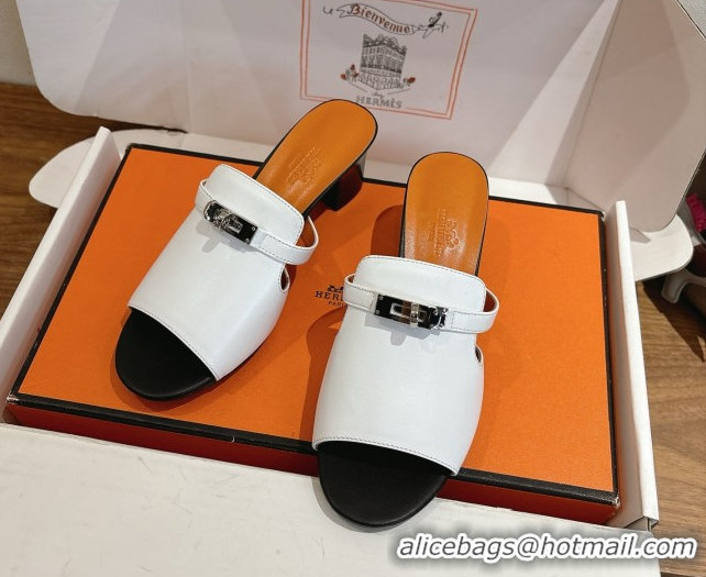 Durable Hermes Kelly Strap Low Heel Slides Sandal in Calfskin Leather HS122201 White/Orange 2026