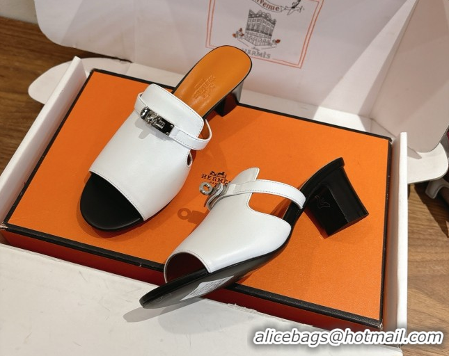 Durable Hermes Kelly Strap Low Heel Slides Sandal in Calfskin Leather HS122201 White/Orange 2026