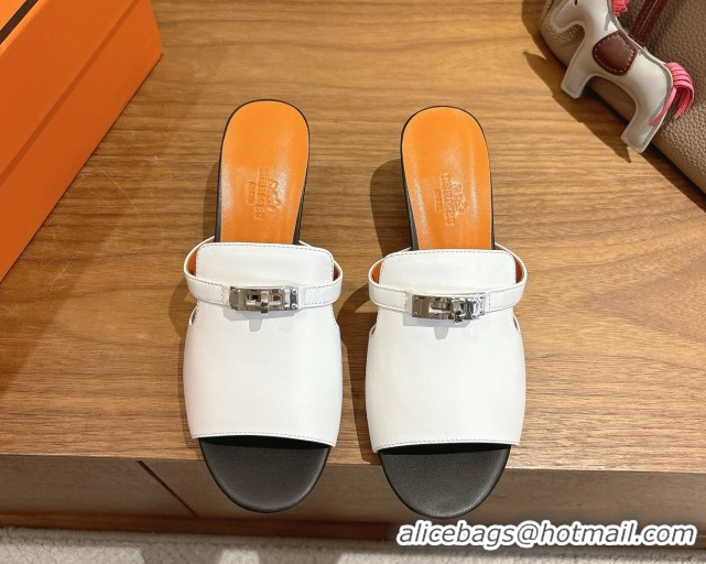 Durable Hermes Kelly Strap Low Heel Slides Sandal in Calfskin Leather HS122201 White/Orange 2026