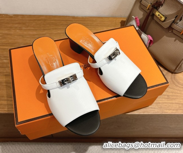 Durable Hermes Kelly Strap Low Heel Slides Sandal in Calfskin Leather HS122201 White/Orange 2026