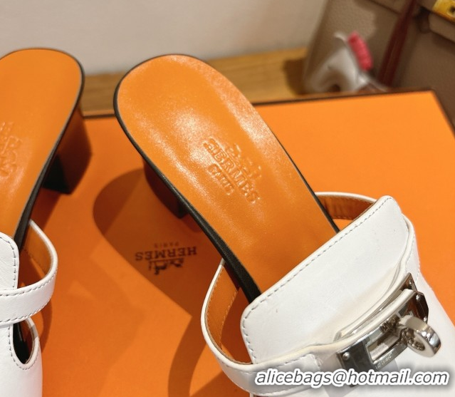 Durable Hermes Kelly Strap Low Heel Slides Sandal in Calfskin Leather HS122201 White/Orange 2026
