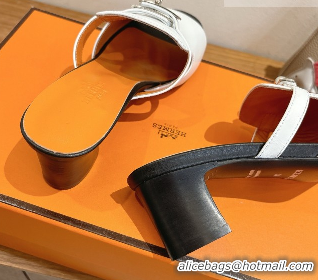 Durable Hermes Kelly Strap Low Heel Slides Sandal in Calfskin Leather HS122201 White/Orange 2026