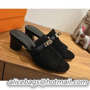 Good Looking Hermes Kelly Strap Low Heel Slides Sandal in Suede HS122201 Black 2026