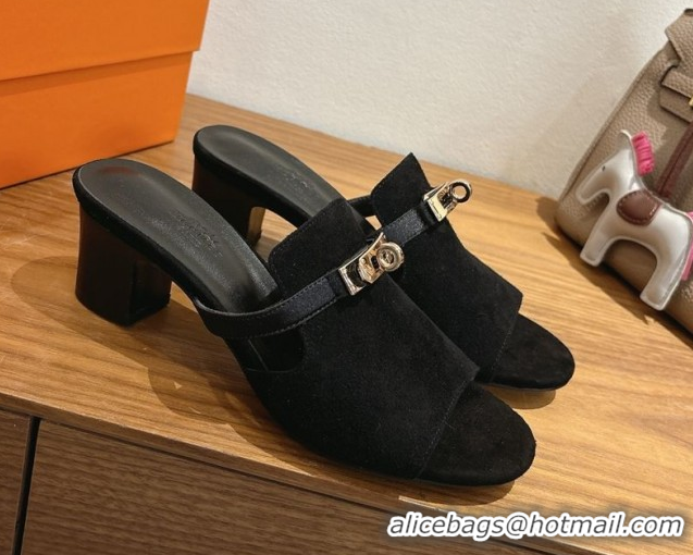 Good Looking Hermes Kelly Strap Low Heel Slides Sandal in Suede HS122201 Black 2026