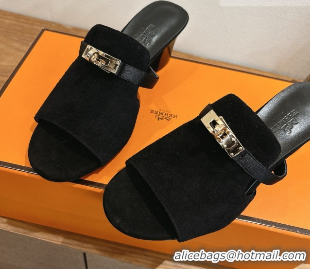 Good Looking Hermes Kelly Strap Low Heel Slides Sandal in Suede HS122201 Black 2026