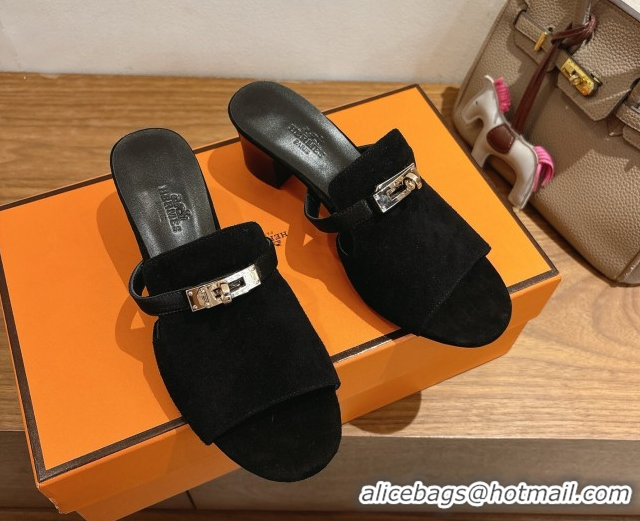 Good Looking Hermes Kelly Strap Low Heel Slides Sandal in Suede HS122201 Black 2026