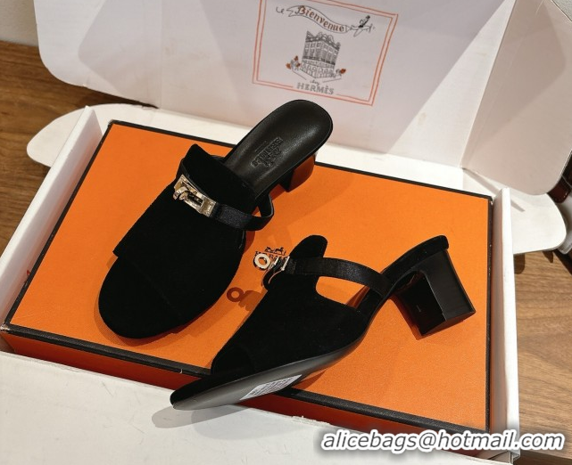 Good Looking Hermes Kelly Strap Low Heel Slides Sandal in Suede HS122201 Black 2026