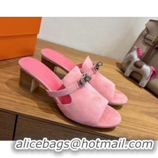 Good Product Hermes Kelly Strap Low Heel Slides Sandal in Suede HS122201 Light Pink 2026
