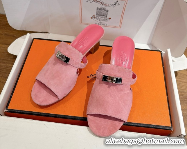 Good Product Hermes Kelly Strap Low Heel Slides Sandal in Suede HS122201 Light Pink 2026