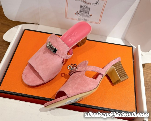 Good Product Hermes Kelly Strap Low Heel Slides Sandal in Suede HS122201 Light Pink 2026