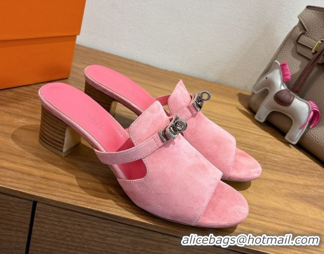 Good Product Hermes Kelly Strap Low Heel Slides Sandal in Suede HS122201 Light Pink 2026