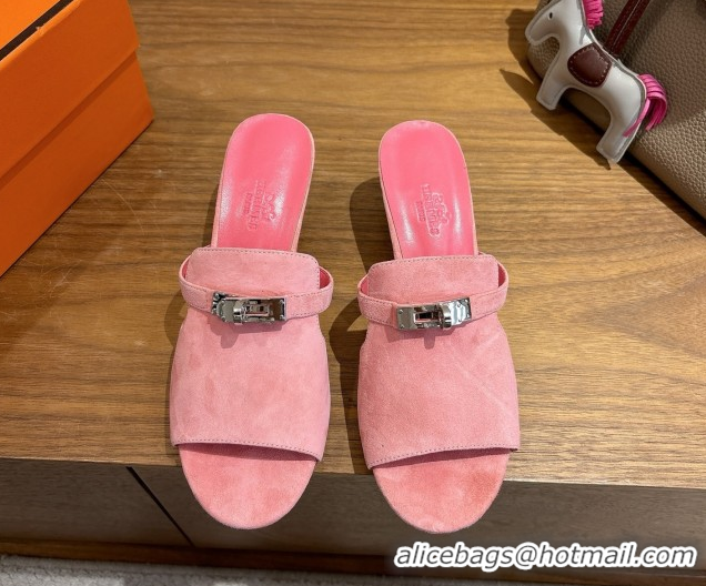 Good Product Hermes Kelly Strap Low Heel Slides Sandal in Suede HS122201 Light Pink 2026
