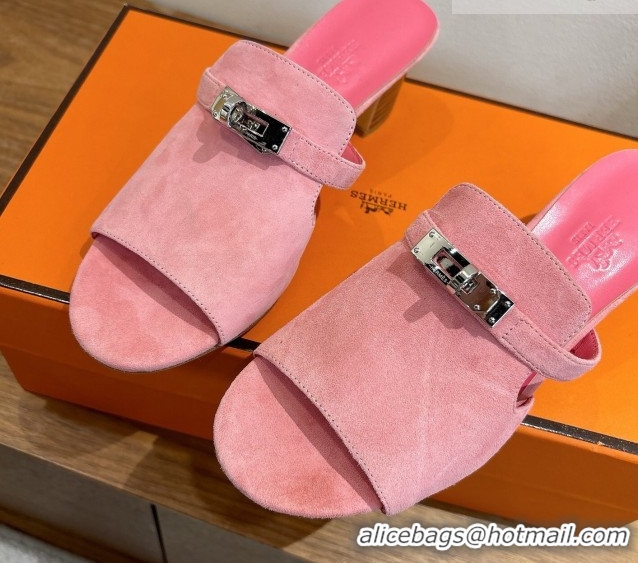 Good Product Hermes Kelly Strap Low Heel Slides Sandal in Suede HS122201 Light Pink 2026