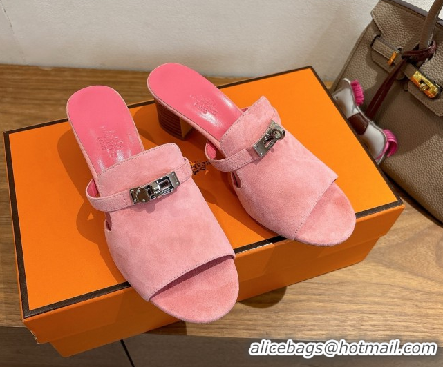 Good Product Hermes Kelly Strap Low Heel Slides Sandal in Suede HS122201 Light Pink 2026