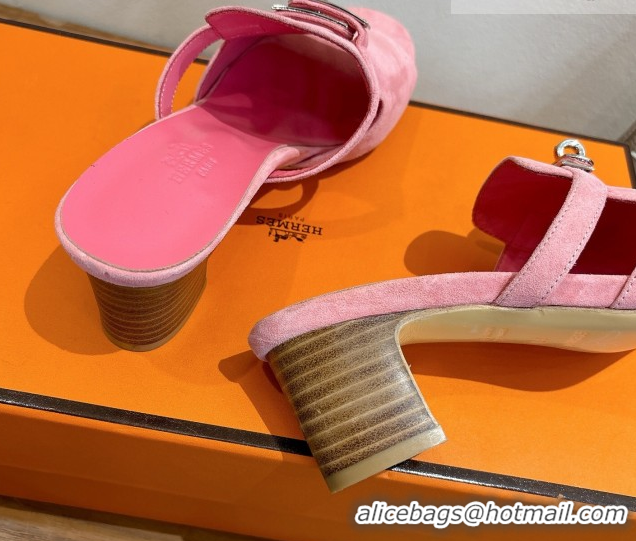 Good Product Hermes Kelly Strap Low Heel Slides Sandal in Suede HS122201 Light Pink 2026