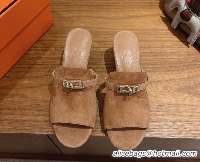 Purchase Hermes Kelly Strap Low Heel Slides Sandal in Suede HS122201 Light Brown 2026