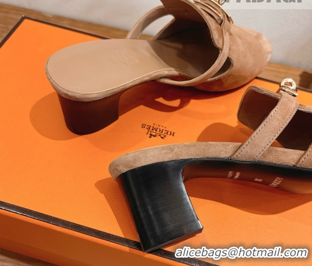 Purchase Hermes Kelly Strap Low Heel Slides Sandal in Suede HS122201 Light Brown 2026