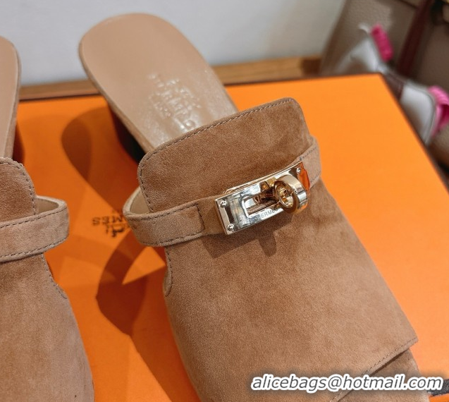 Purchase Hermes Kelly Strap Low Heel Slides Sandal in Suede HS122201 Light Brown 2026