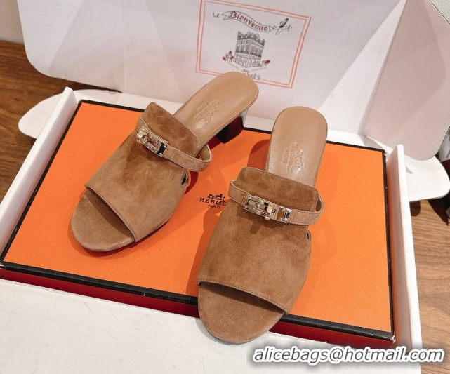 Purchase Hermes Kelly Strap Low Heel Slides Sandal in Suede HS122201 Light Brown 2026