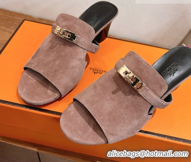 Popular Style Hermes Kelly Strap Low Heel Slides Sandal in Suede HS122201 Powder Pink 2026