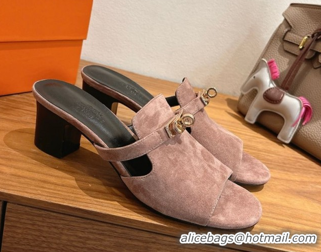 Popular Style Hermes Kelly Strap Low Heel Slides Sandal in Suede HS122201 Powder Pink 2026