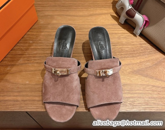 Popular Style Hermes Kelly Strap Low Heel Slides Sandal in Suede HS122201 Powder Pink 2026