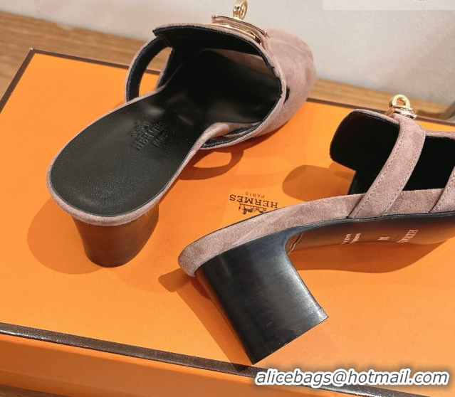 Popular Style Hermes Kelly Strap Low Heel Slides Sandal in Suede HS122201 Powder Pink 2026