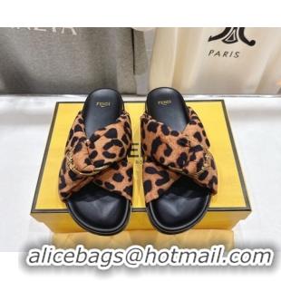Best Grade Fendi Feel Flat Slides Sandal in Leopard Print with D-ring Buckle Brown 1216060
