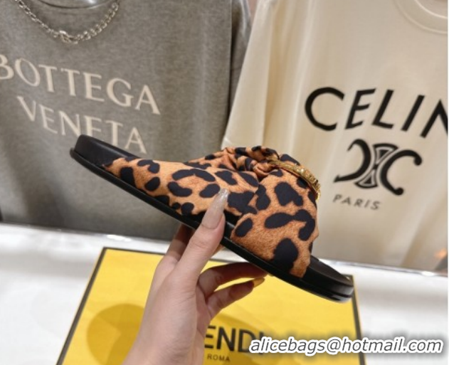 Best Grade Fendi Feel Flat Slides Sandal in Leopard Print with D-ring Buckle Brown 1216060