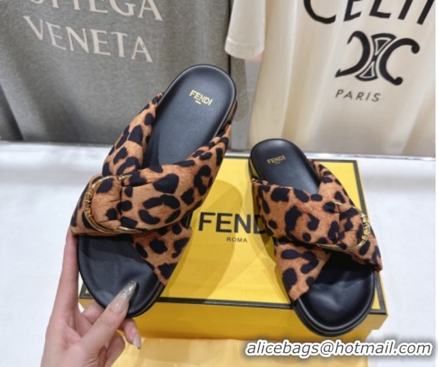 Best Grade Fendi Feel Flat Slides Sandal in Leopard Print with D-ring Buckle Brown 1216060