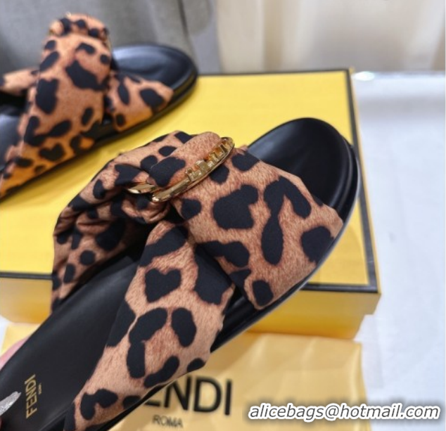Best Grade Fendi Feel Flat Slides Sandal in Leopard Print with D-ring Buckle Brown 1216060