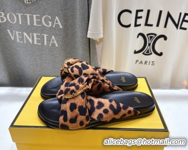 Best Grade Fendi Feel Flat Slides Sandal in Leopard Print with D-ring Buckle Brown 1216060