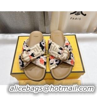 Low Cost Fendi Feel Flat Slides Sandal in Printed FF Fabric with D-ring Buckle Beige 1216061