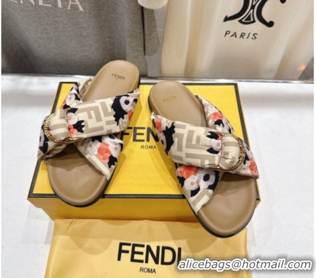 Low Cost Fendi Feel Flat Slides Sandal in Printed FF Fabric with D-ring Buckle Beige 1216061